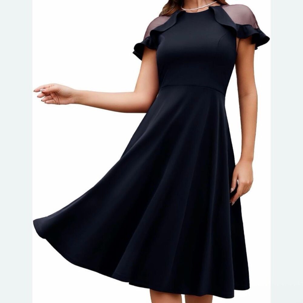 Muadress Black A-Line Midi Dress w/Sheer Flutter Sleaves Small Sophisticated NWO